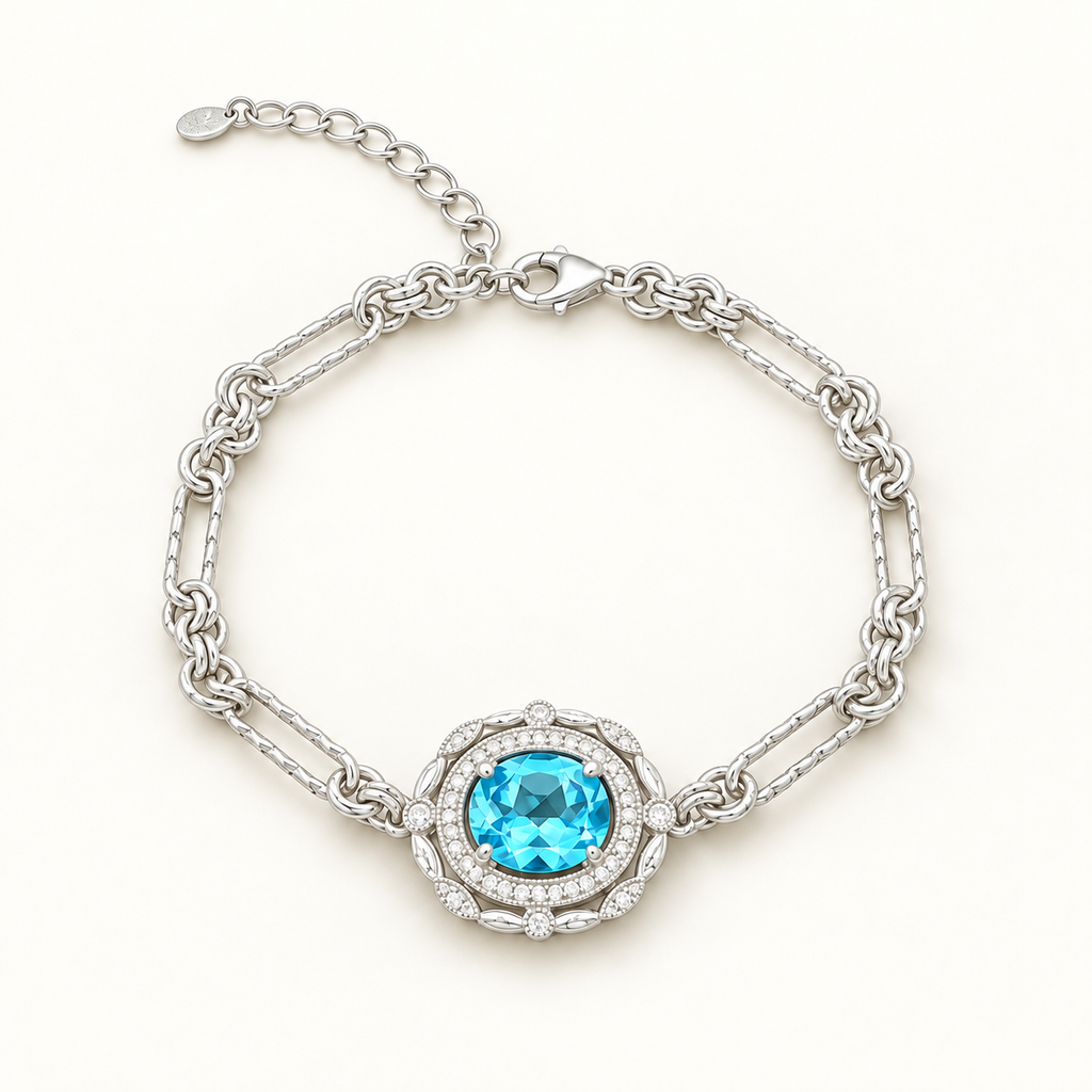 Vintage Blue Topaz Double Halo Bracelet — view 1