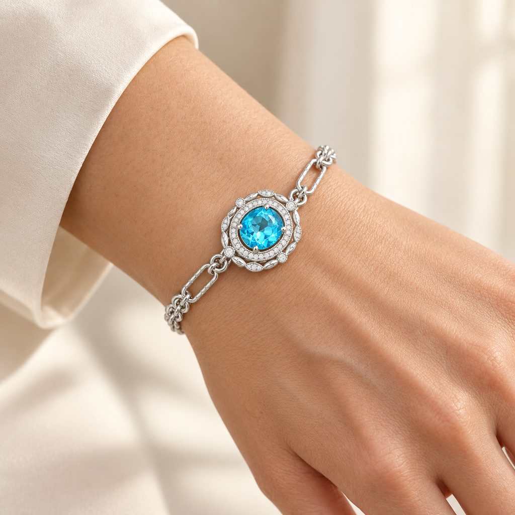 Vintage Blue Topaz Double Halo Bracelet — view 2