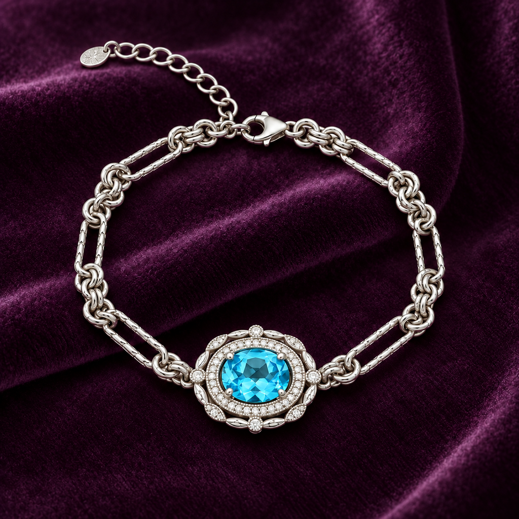 Vintage Blue Topaz Double Halo Bracelet — view 4