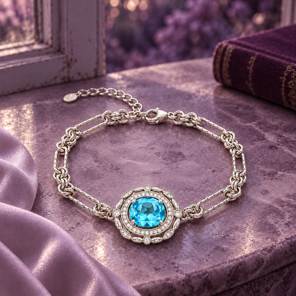 Vintage Blue Topaz Double Halo Bracelet — view 5