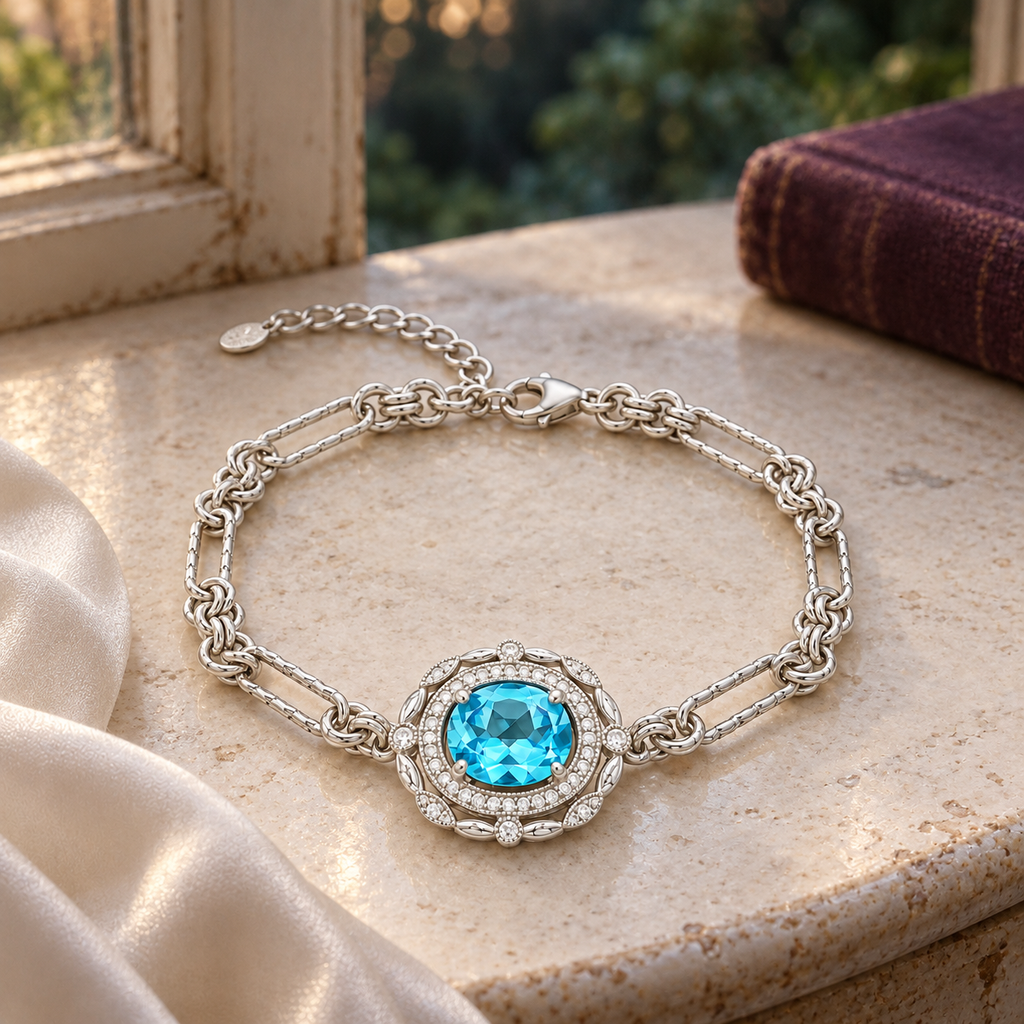 Vintage Blue Topaz Double Halo Bracelet — view 6