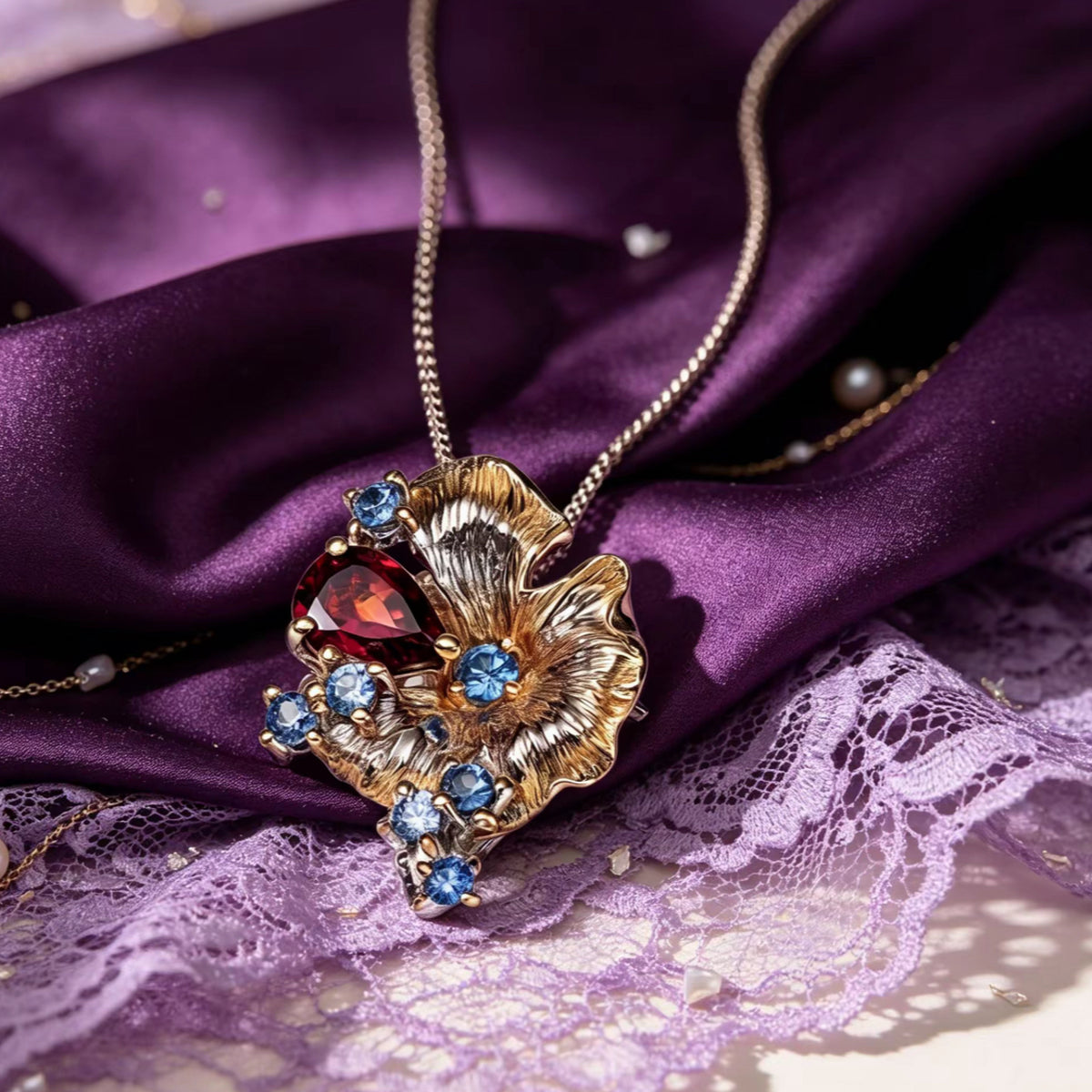 Red Garnet & Blue Topaz Pendant styled detail