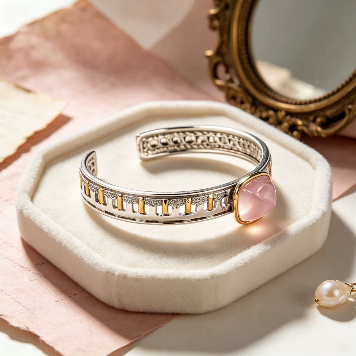Rose Quartz Cuff worn on wrist